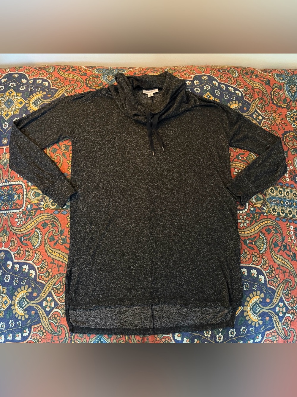 Motherhood, maternity, cowl neck Lightweight Black Heathered tunic sweater